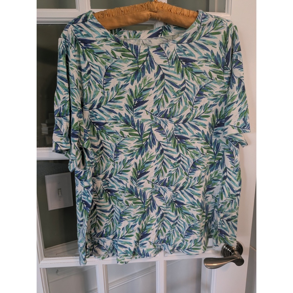 J. Jill Pima Slub Elbow Sleeve Tee XL Tropical Leaf Print Green Blue Cotton Top